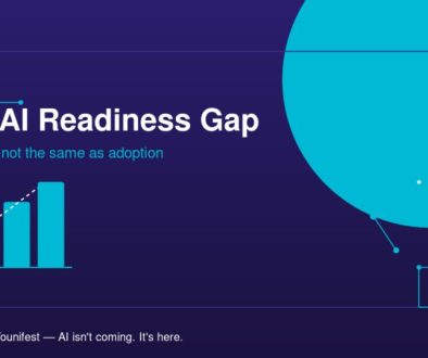 Abstract data visualization showing the gap between AI access and AI readiness in the Philippines, deep purple and cyan tech design